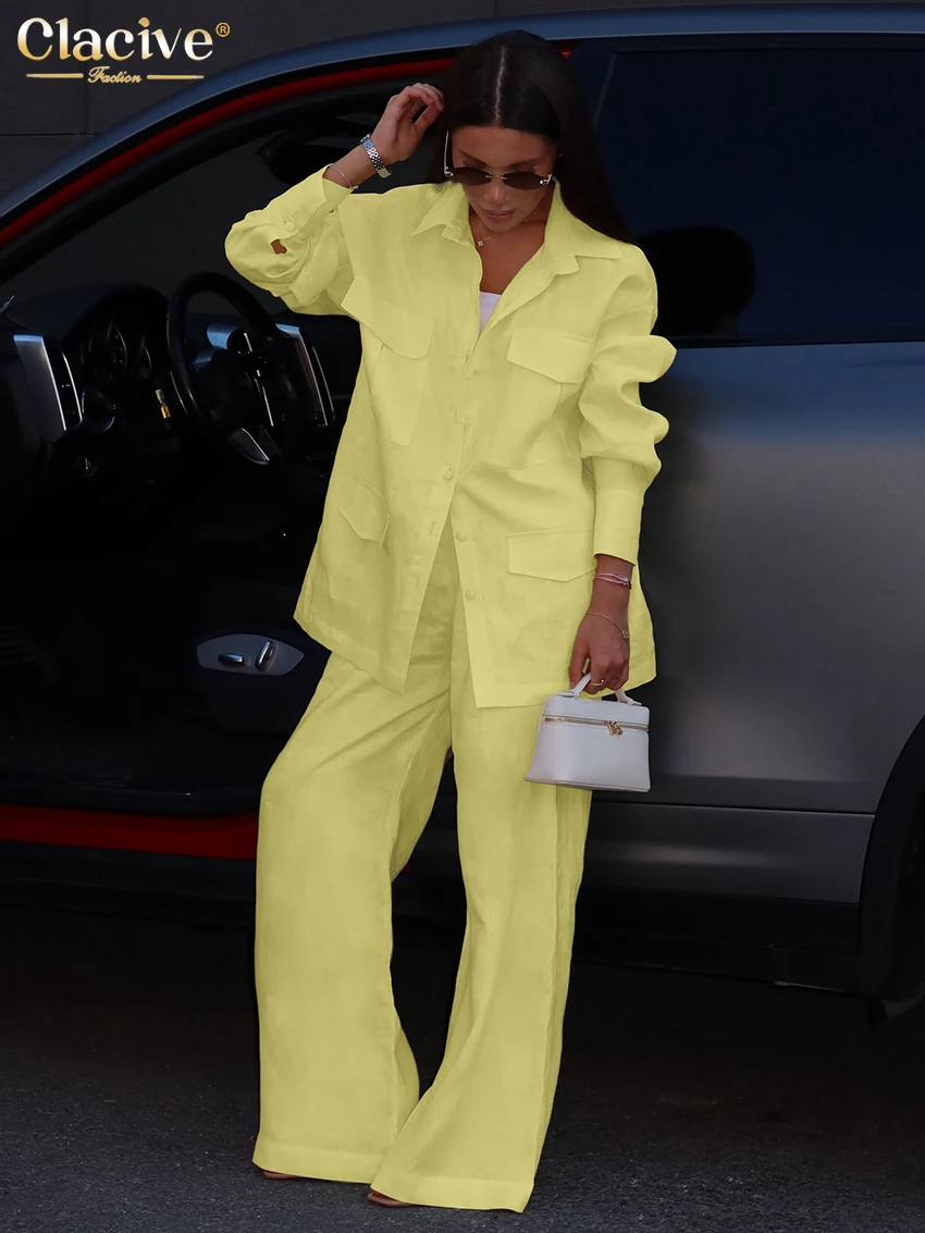 Clacive แฟชั่นหลวมผ้าลินินสีฟ้า 2 ชิ้นชุดผู้หญิงเสื้อแขนยาวเอวสูงกางเกงกว้างชุดหญิง Streetwear