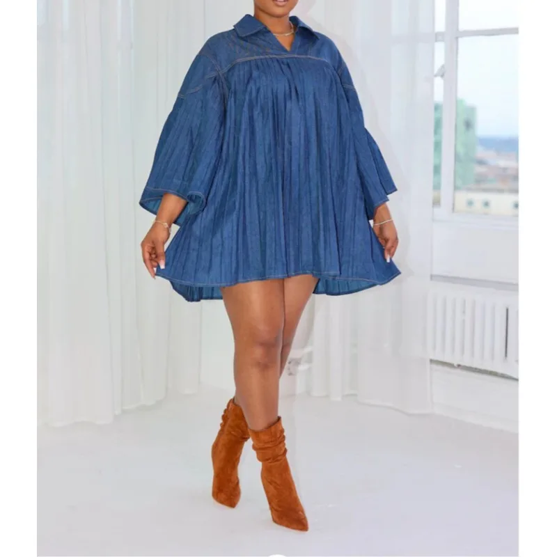 ZEMOREXMZ فستان فضفاض نسائي ضيق من قماش الدنيم بأكمام طويلة مطوي فستان فضفاض لصيف 2025 غير رسمي لأعياد الميلاد وحفلات النادي فساتين متأرجحة كبيرة