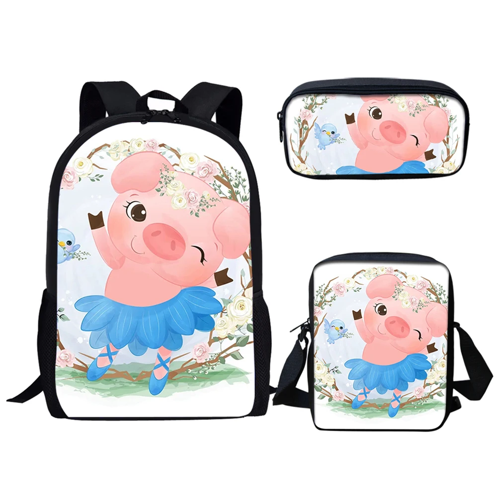 Schöne Schwein und Vogel Cartoon-Muster Kinder Schule Tasche Große Kapazität Rucksack für Teenager Mädchen Jungen 3Pcs Buch Tasche