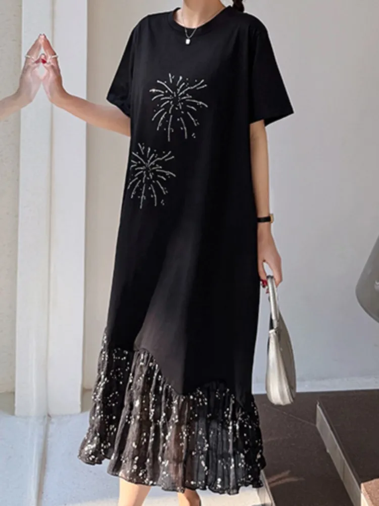 ฤดูร้อน Oversize Patchwork เสื้อยืดผู้หญิงแขนสั้นสีดําสุภาพสตรีชุด Vestidos Robe เสื้อผ้า