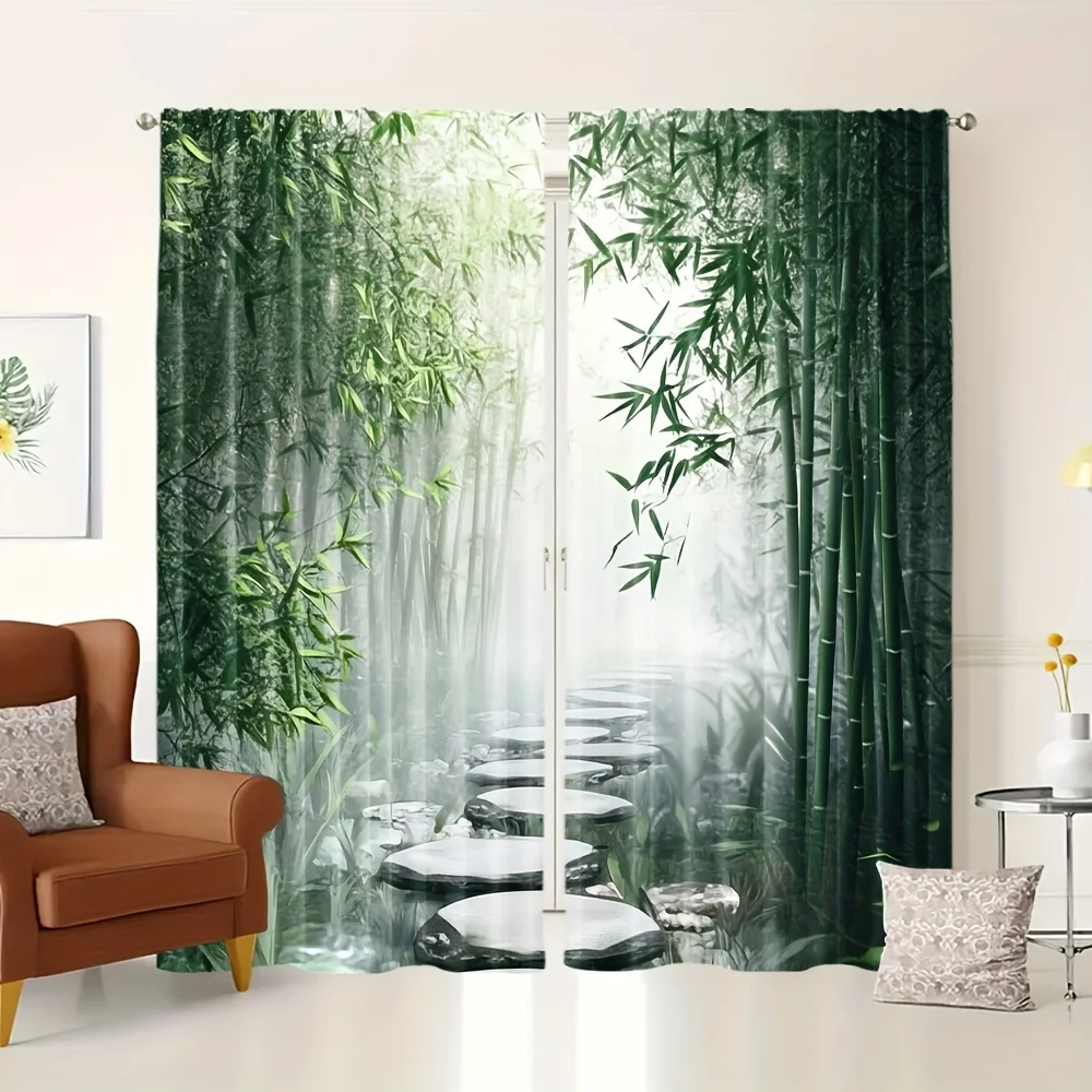 Tropical Bamboo Forest Curtains Jungle Nature View Window Curtains Luxury Filter Screen for Living Room Bedroom Decor