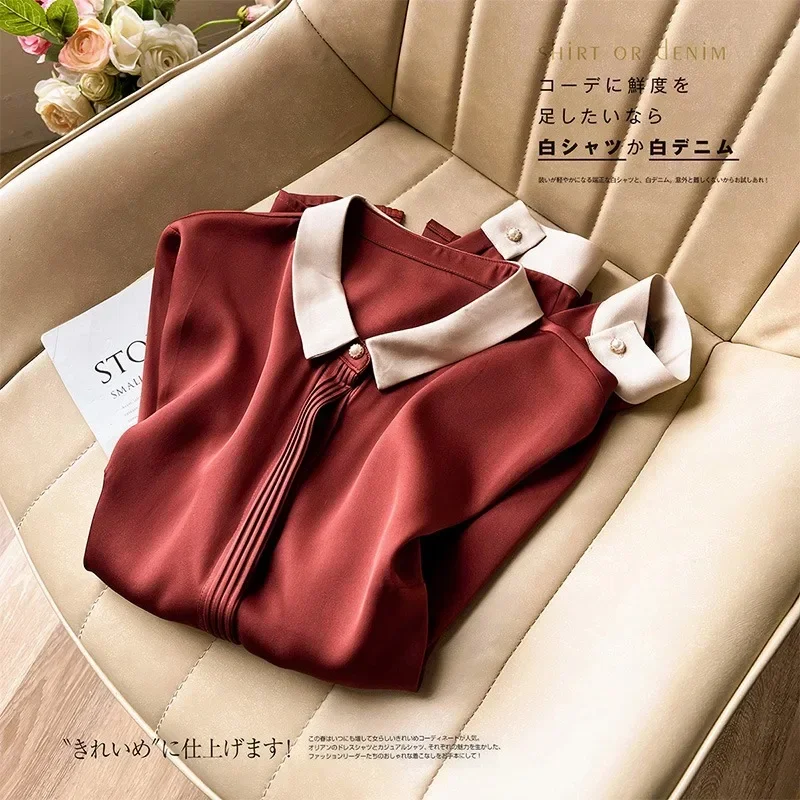 New Poplin Spring/Autumn Women\'s Blouse Casual Fashion Simplicity Tops Solid Color Long Sleeved Lapel Collar Shirt