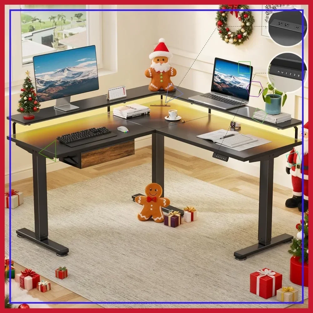 

Hot-sellingElectric L-Shaped Standing Desk with LED Lights, Monitor Stand & Power Outlet, Adjustable Height Gaming Table