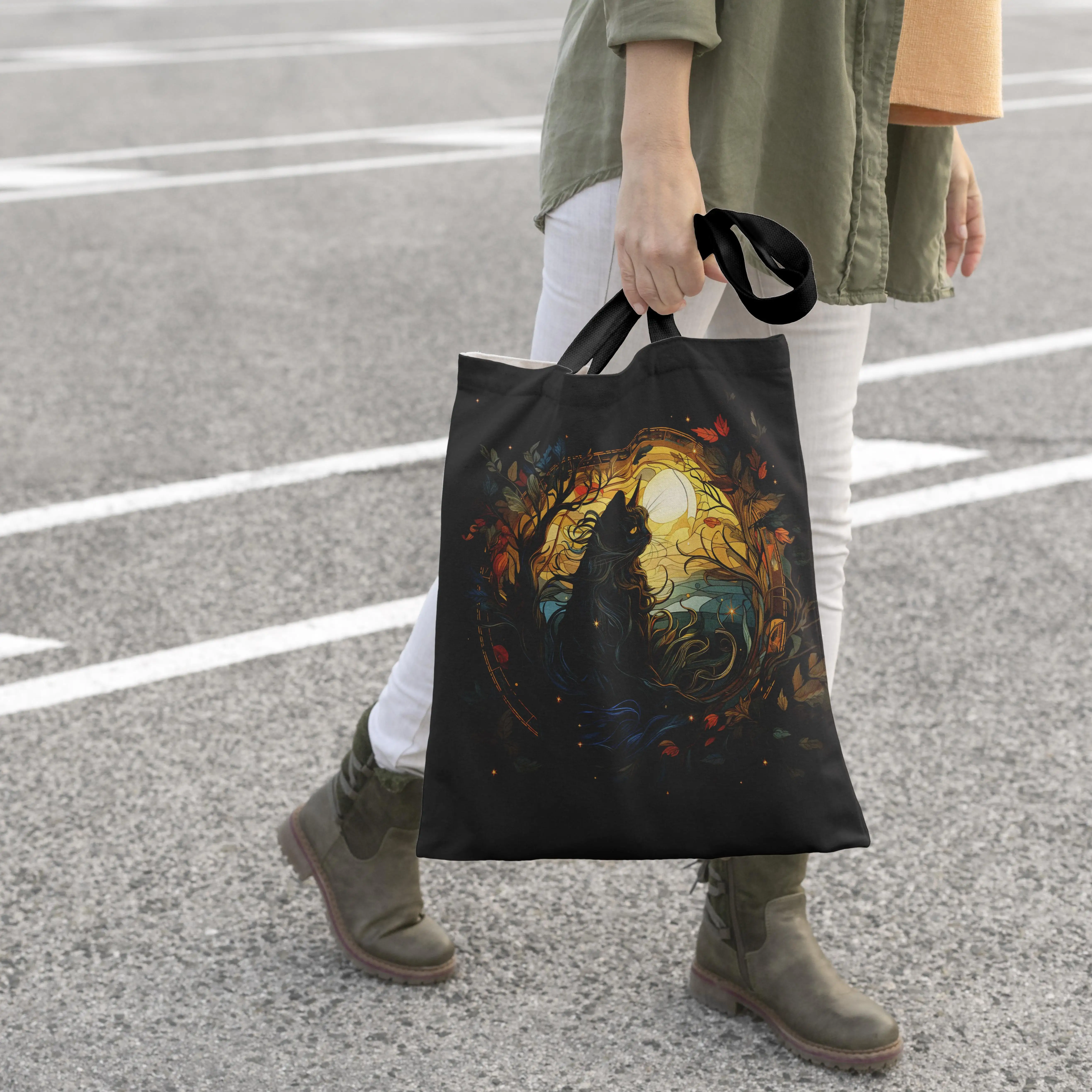 A Mysterious Black Cat Under The Moonlight, An Artistic Illustration Bag - Featuring A Black Background and Vibrant Color Design