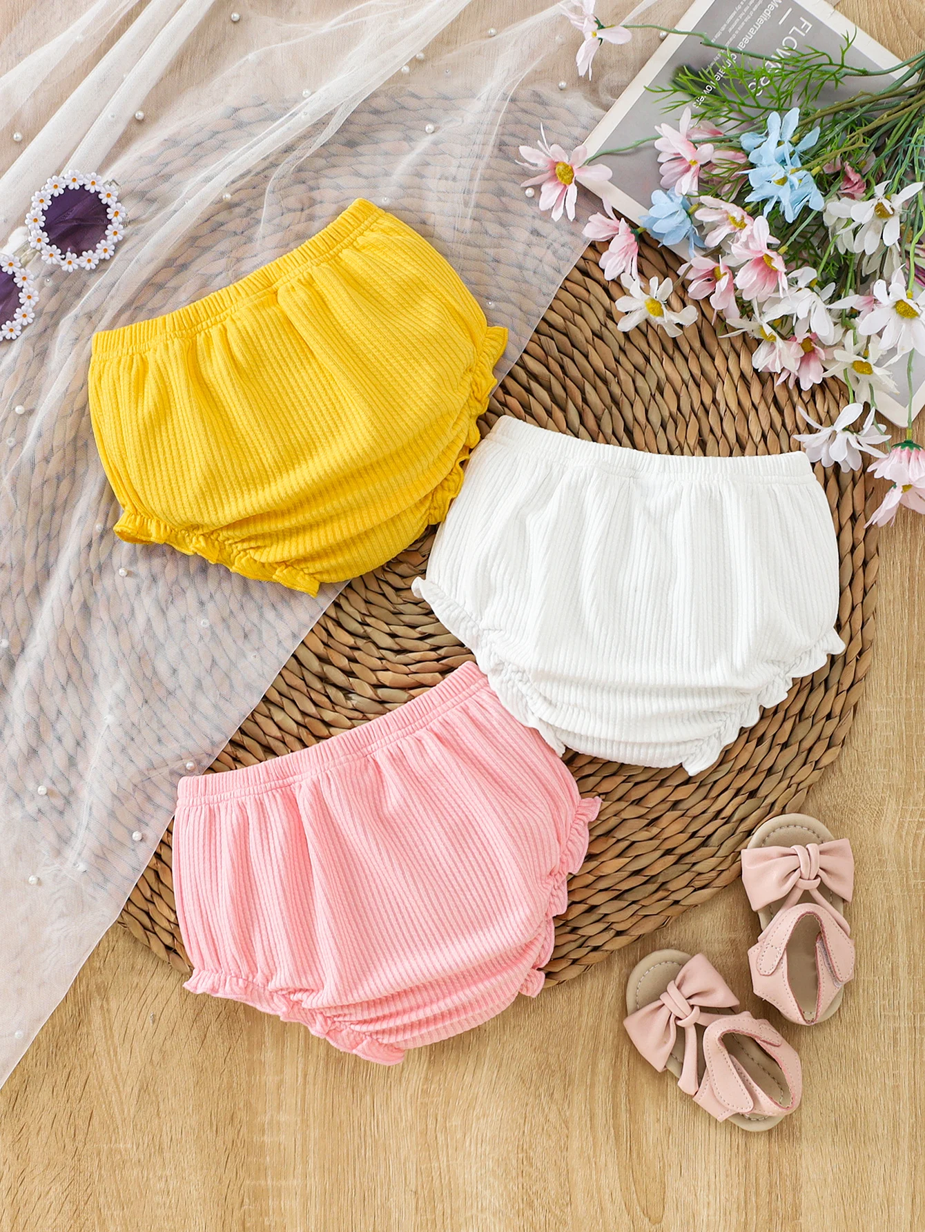 3pcs Summer Baby Girls Vertical Rib Bloomer Shorts Set, Bow Ruffle Harem Underwear Shorts, Pastel 3 Color Pack, Daily Loungewear
