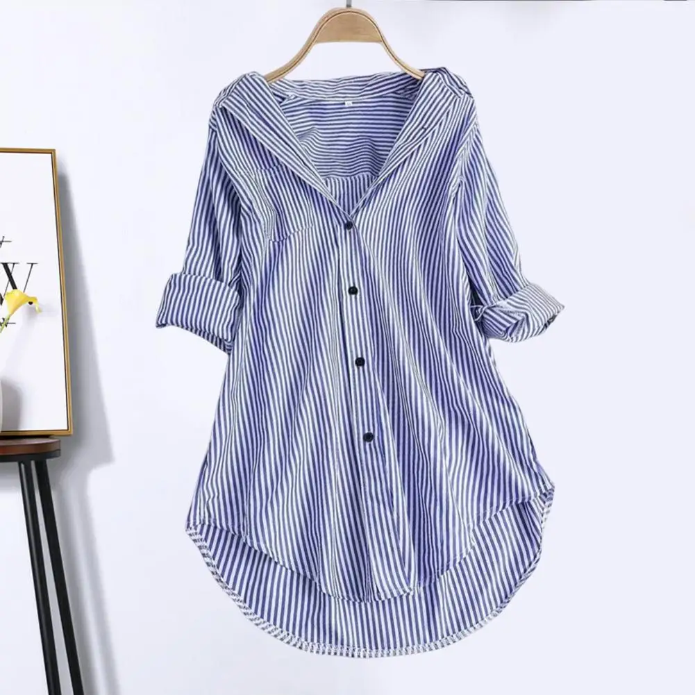 

Women Striped Shirt Long-sleeves V Neck Mid Long Turn-down Collar Button Loose Fit Casual Ladies Blouse Top Blusa Femininas