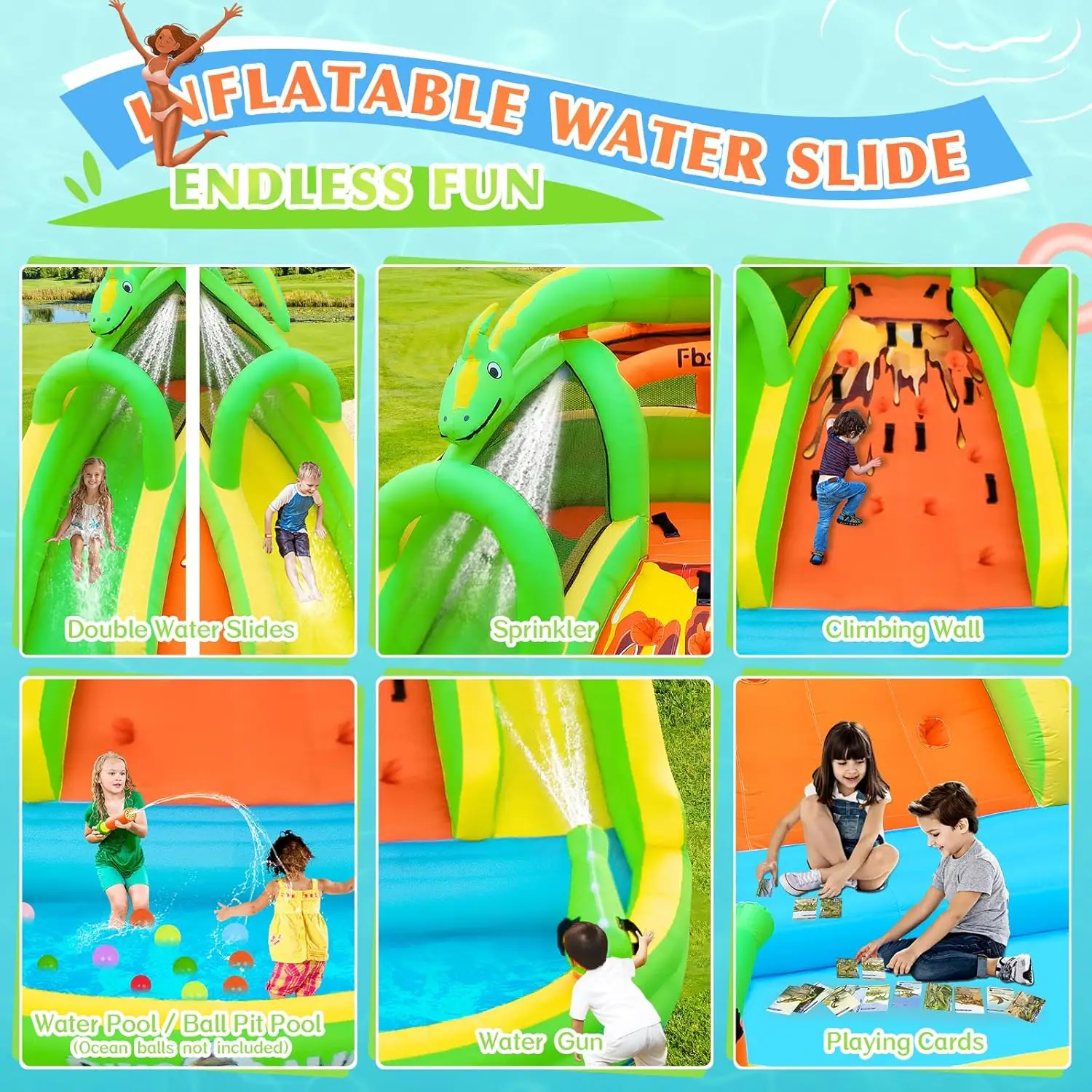 Kids Inflatable Bounce House with Slide, Climbing Wall, and Water Guns - Indoor/Outdoor Bouncy Castle for Park, Backyard (Includes Blower) view 2