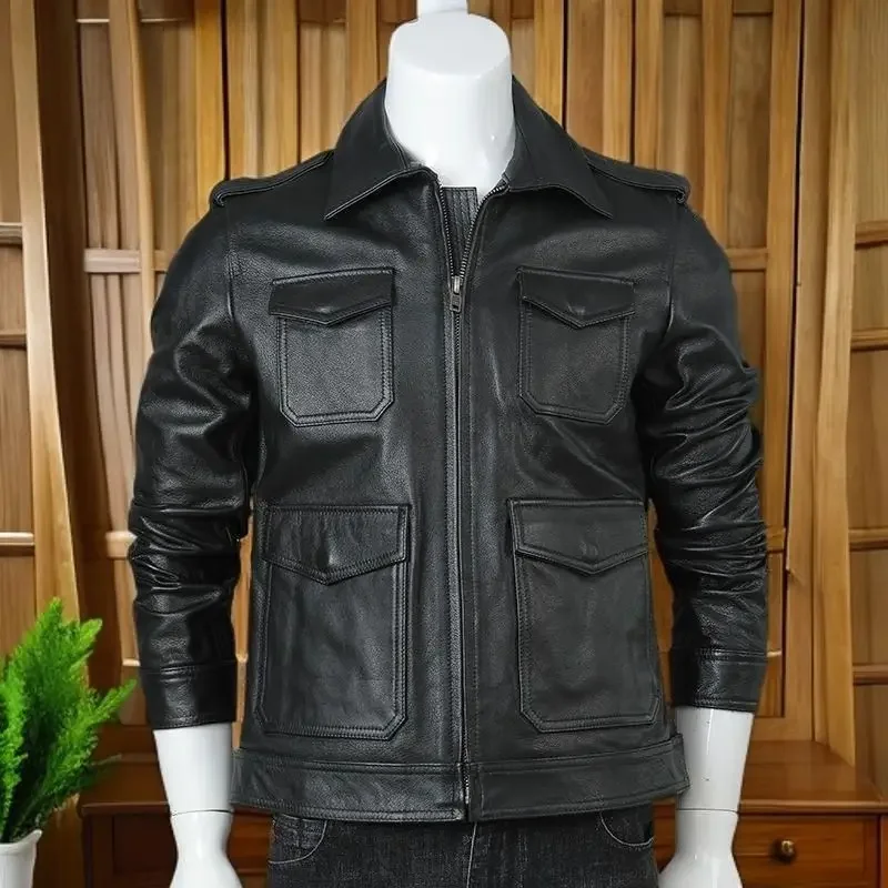 2024 new hunting leather jacket men's lapel multi-pocket locomotive autumn and winter velvet jacket