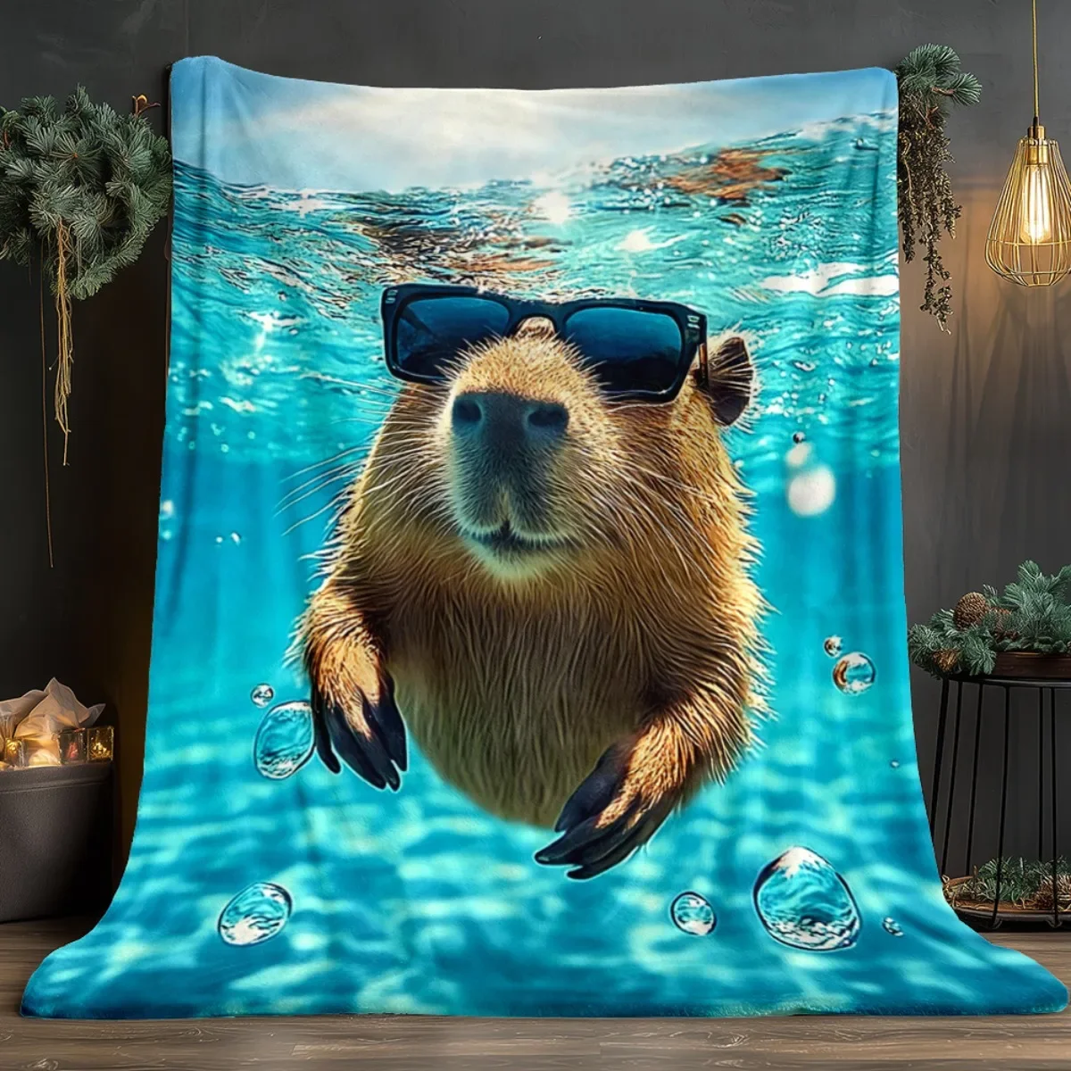 Cool capybara wearing sunglasses swimming water bubbles flannel blanket funny animal design soft cozy blanket for summer fun