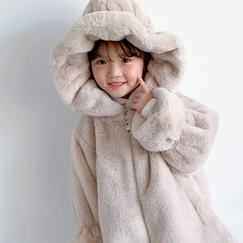 

New Autumn and Winter Children Clothing Girls Imitation Rabbit Fur Coat Hooded Long Cute Baby Cotton Coat