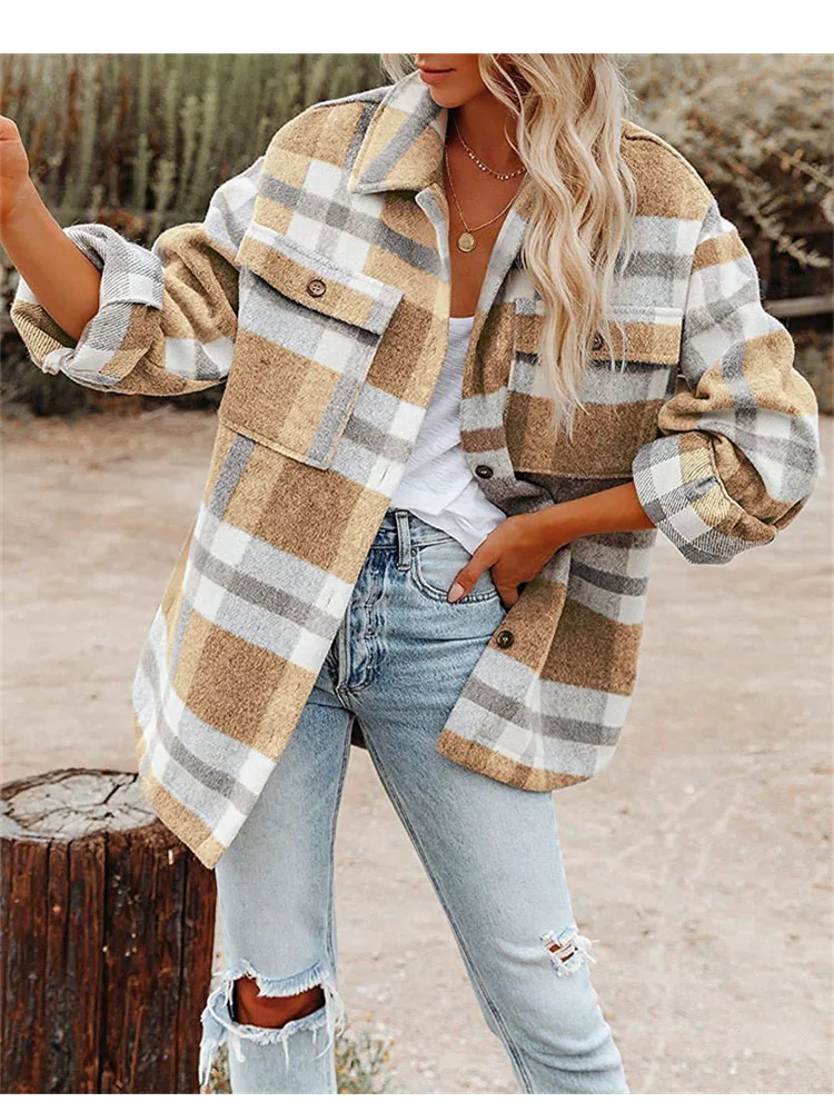 

Womens Plaid Jacket Long Sleeve Lapel Button-Down Shirts Wool Blend Shacket Coat Casual Tops Outwear with Pocket Jackets