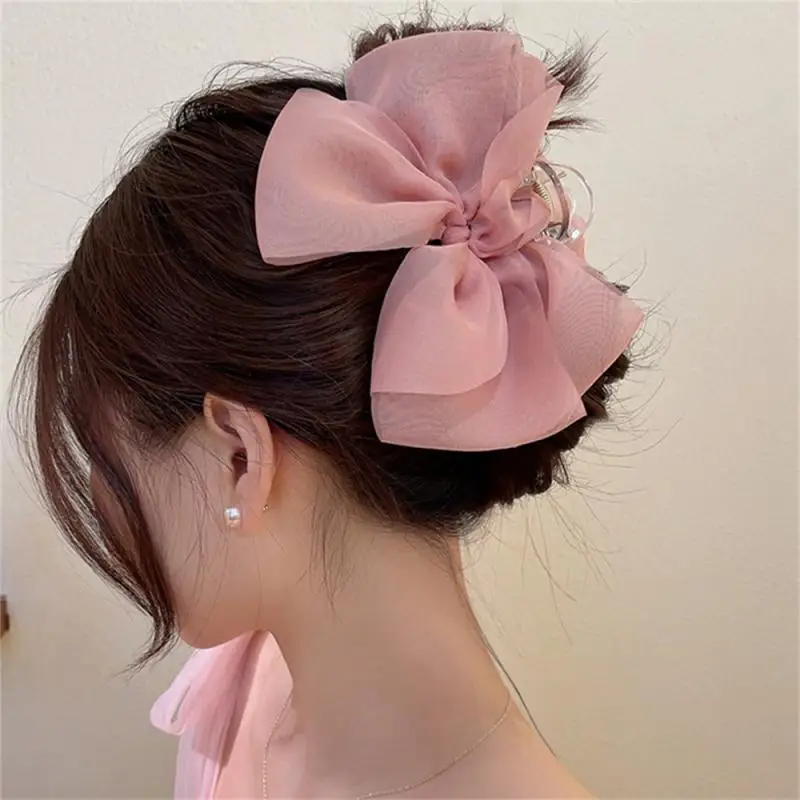 1/2/3pcs Elegant Bow Knot Hair Claw Clip Sweet Big Double Side Solid Satin Chiffon Plastic Hair Grab Hair Accessories Headdress