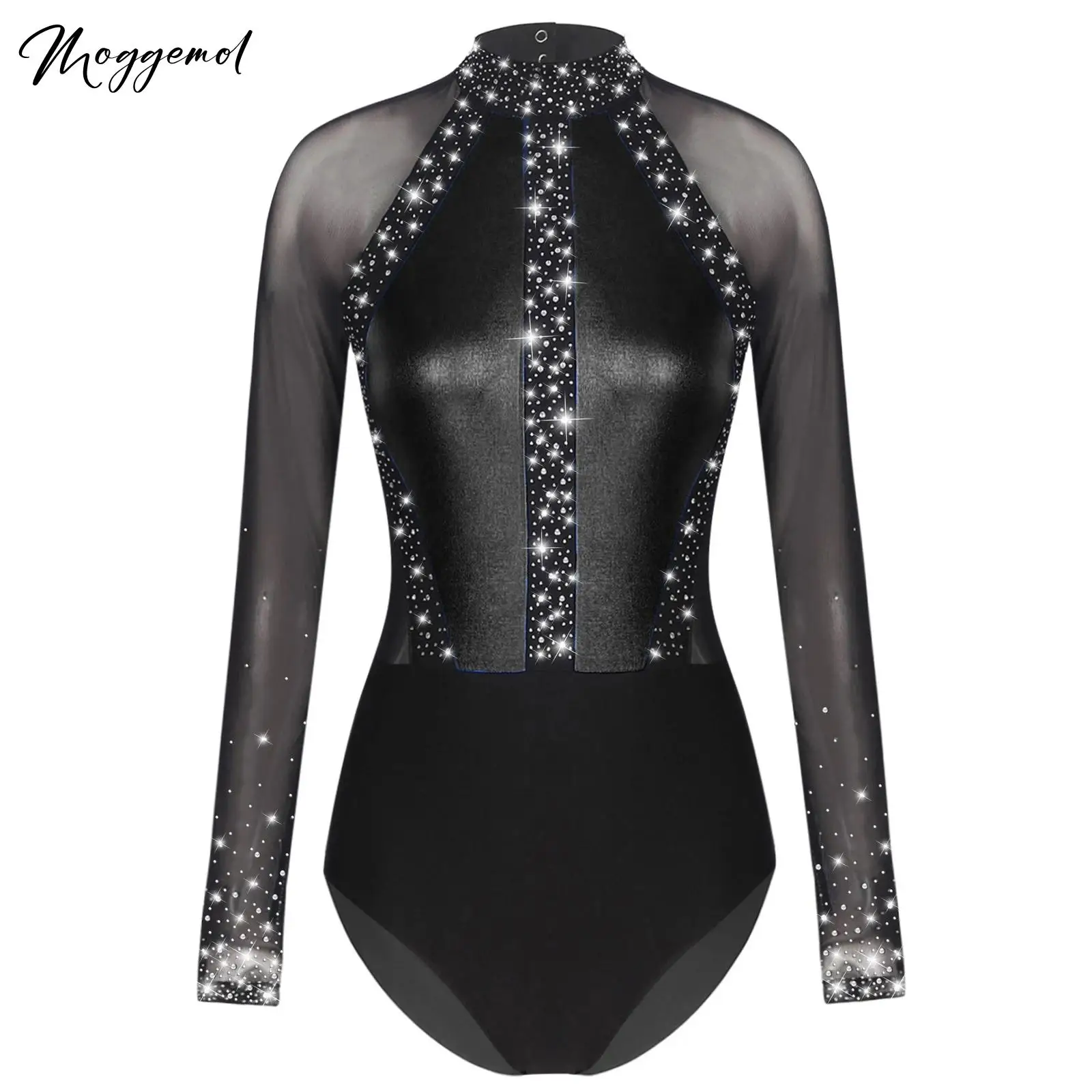 

Женский блестящий металлический художественный гимнастический трико, сетчатый балетный боди с длинными рукавами, костюм для выступлений, танцевальная одежда для фигурного катания