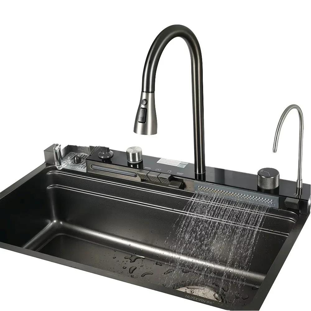 

Flying Rain Waterfall 304 Stainless Steel Single Large Kitchen Sink Multifunctional Household Vegetable Washing Four Holes