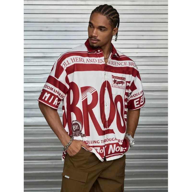 Men's loose short-sleeved printed shirt, suitable for summer wear, 3D full-body letter print, casual men's shirt