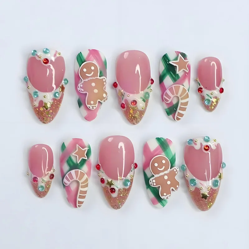 

24PCS Fake Nails Christmas Gingerbread Man Candy Star Embossed Wearable Nails Press on False Nails Festive Style Ногти Накладные