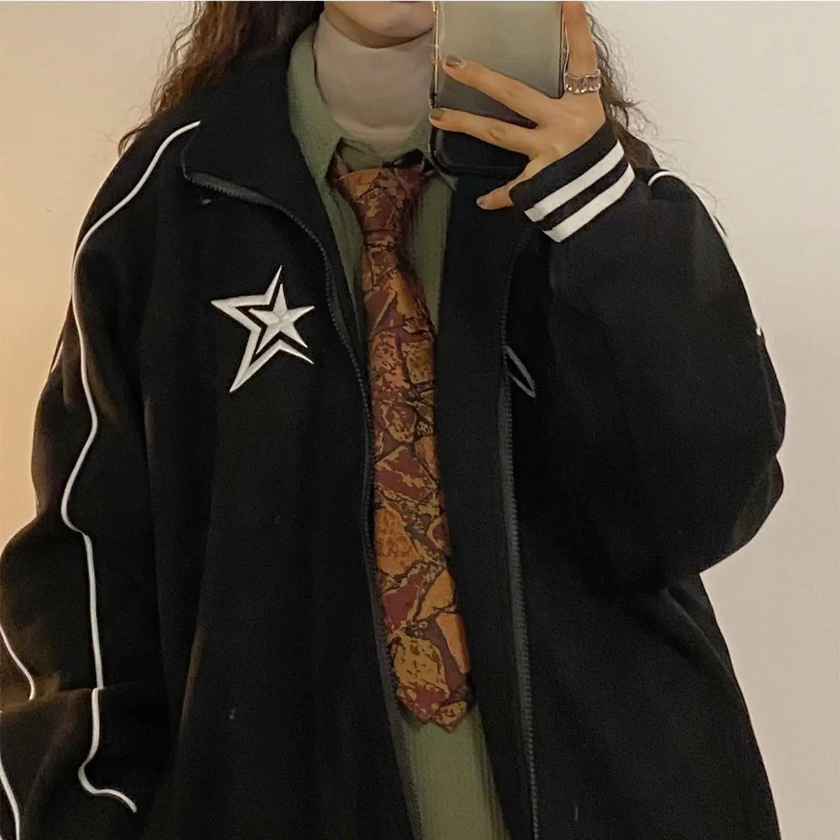 

Autumn and winter new Korean star stand collar jacket y2k vintage loose embroidery plush thickened sportswear clothes women