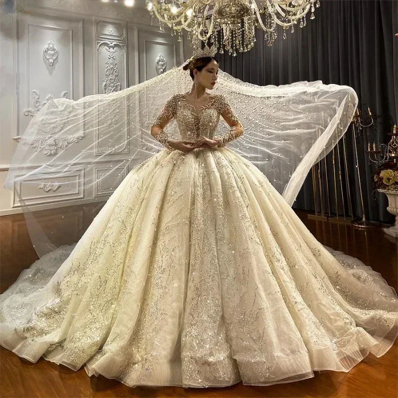 customized Luxury Lace Applique Princess Wedding Dress Sheer Deep V-neck Long Sleeves vestidos de novia amanda novias official