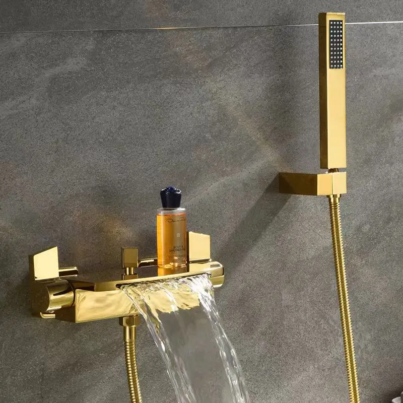Geborsteld goud badkuipkraan messing wandmontage badkamer douchekraan mengkraan met handdouche waterval uitloop bad doucheset