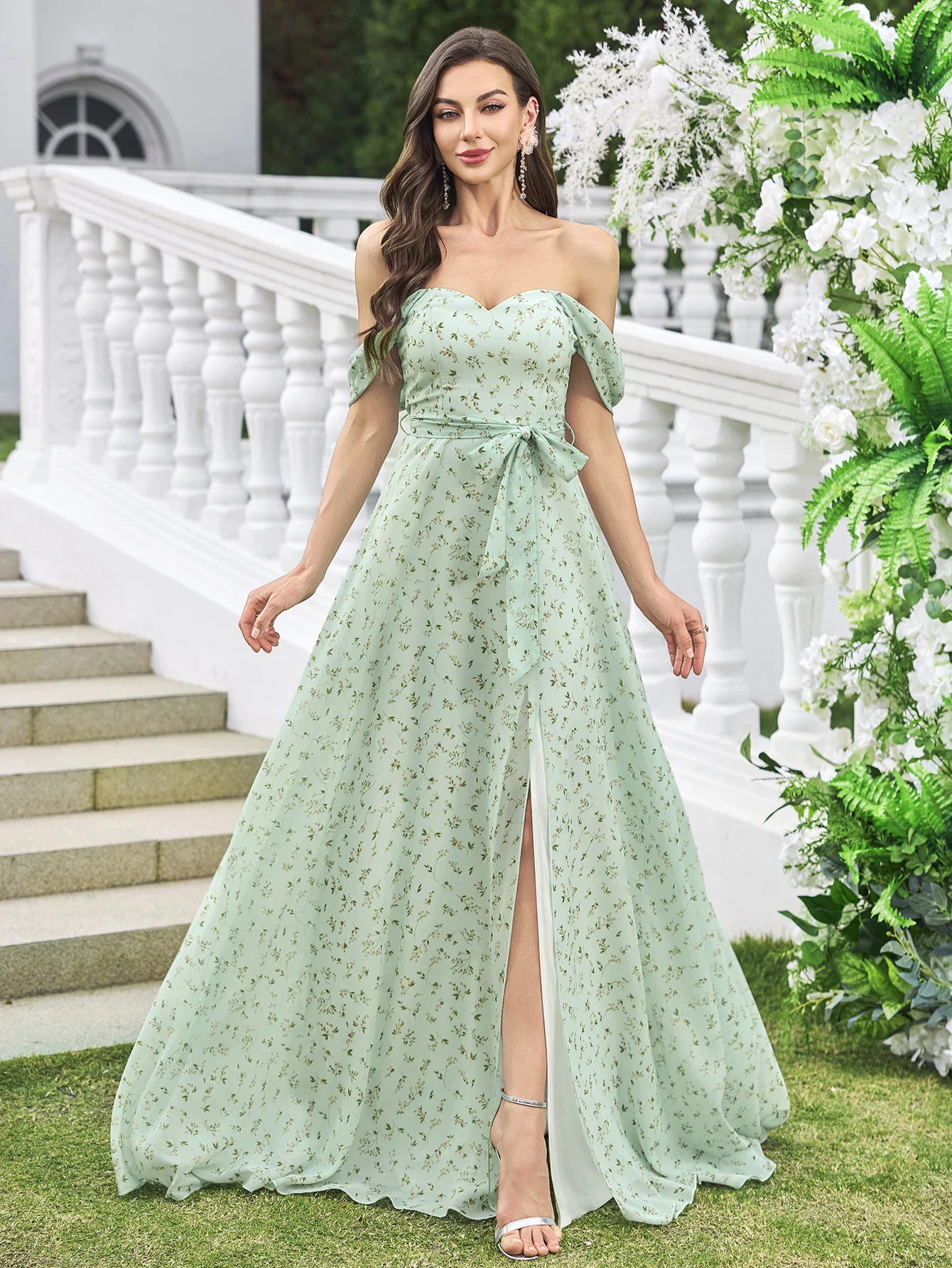 

UNITHORSE Elegant off-shoulder waist-cinching backless evening gown dress with high slit