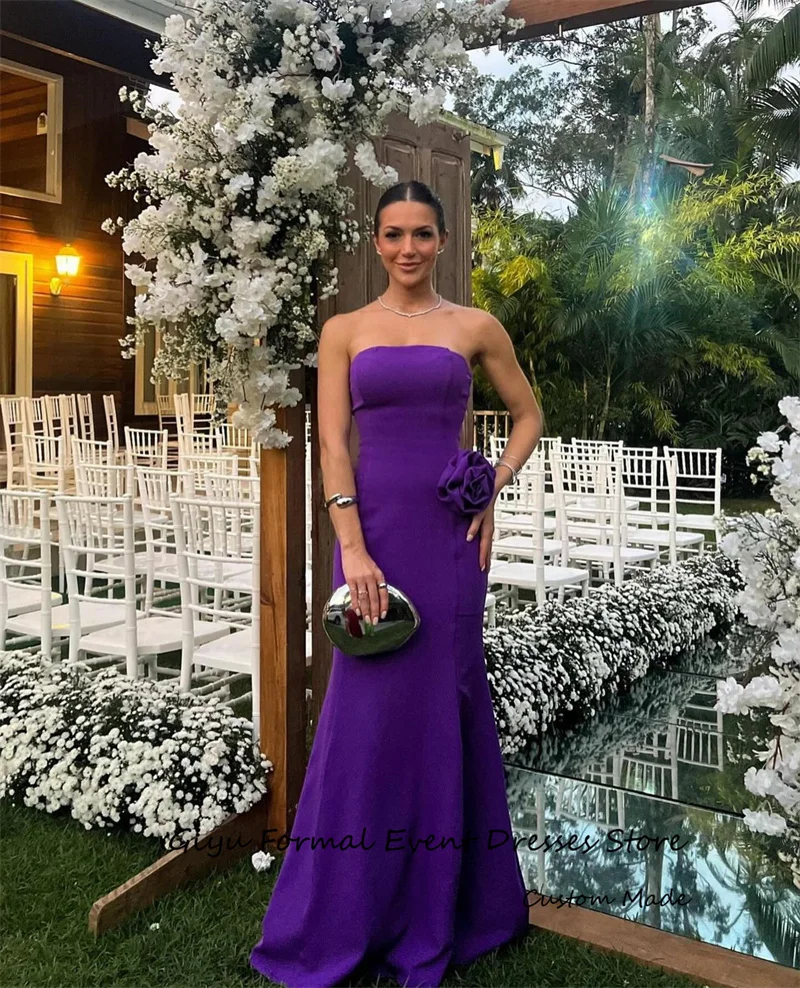 Giyu Grape Purple Long Evening Dresses Dubai Arabic Women Strapless Flowers Long Wedding Party Dress Formal Occasion Gowns