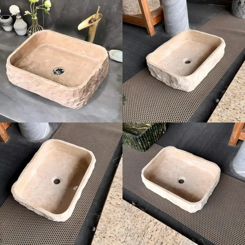 Polished Beige Limestone Modern Rectangle Countertop Sink Washbasin for Hotel Villa Apartments