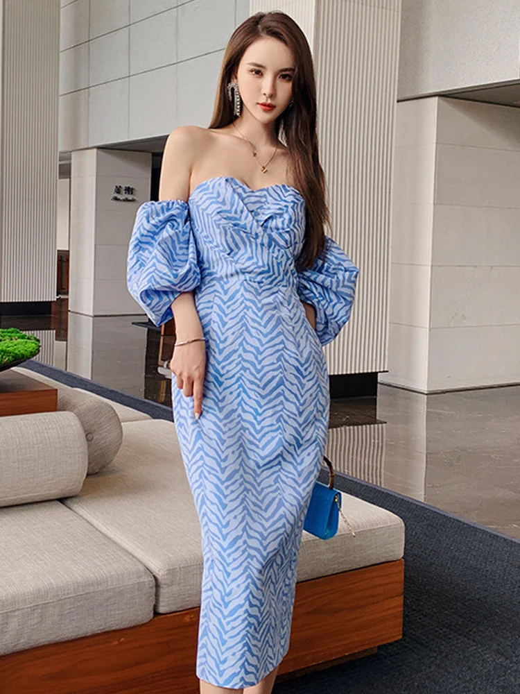 Bohe elegante vestido de noche para mujer francés Vintage azul Jacquard sin tirantes fuera del hombro bata de manga de burbuja Vestidos de fiesta para mujer