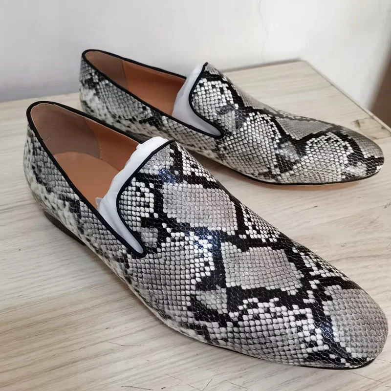 

Grey Snake Skin Pattern Men Leather Loafers High Quality Slip On Men's Dress Shoes Flats Business Man Casual Shoes