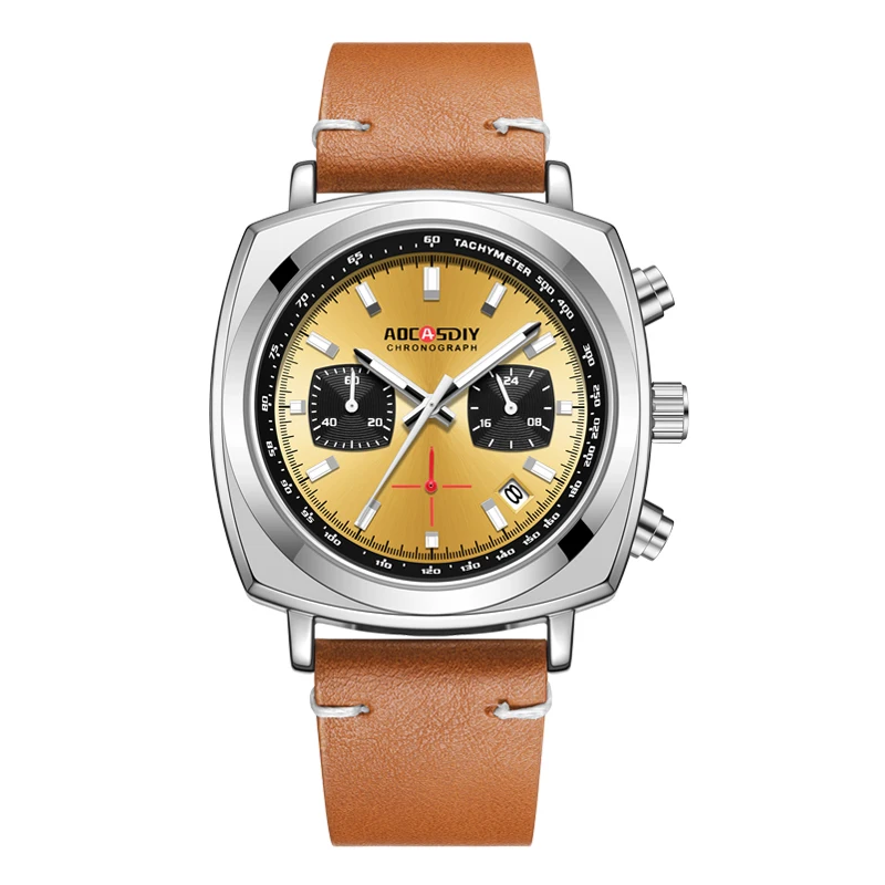 Aocasdiy-男性用の多機能スクエアウォッチ,3つの目,6つのピン,革,レジャー,新しいファッション