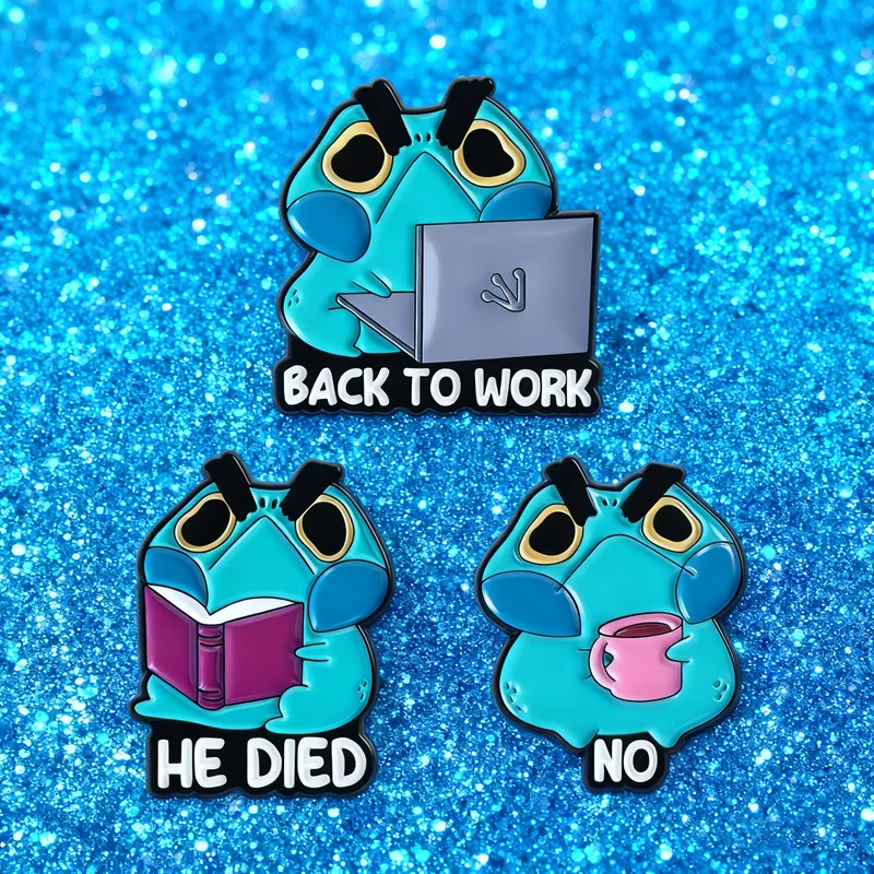 Funny Angry Frog Enamel Pins Coffee Reading Book Working Brooches Lapel Badges Cartoon Animal Jewelry Gift for Kids Friends
