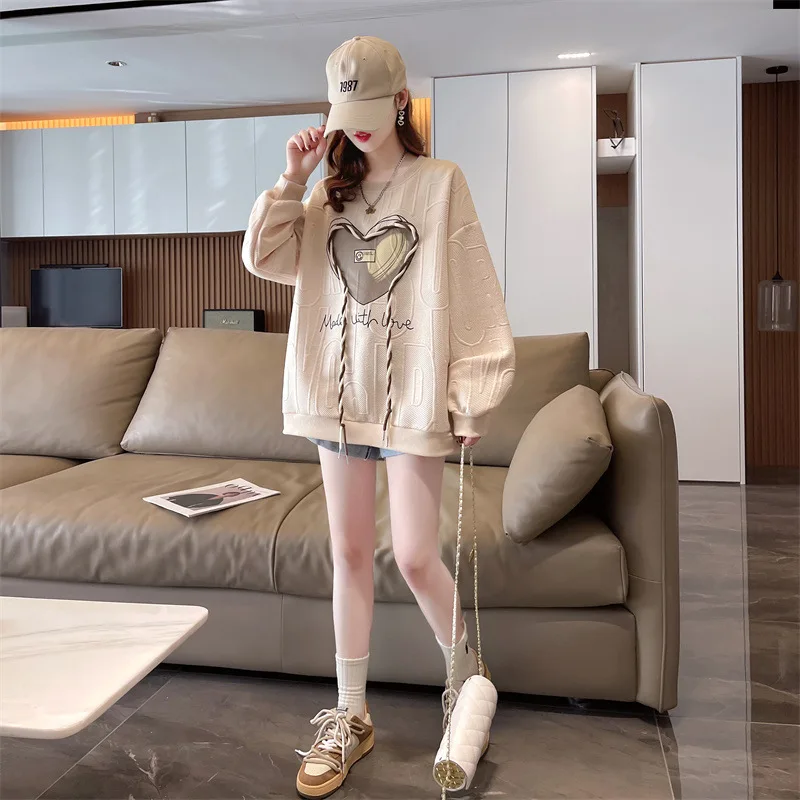 Amerikaans retro sweatshirt met ronde hals voor dames, top met geborduurde bloemenfleecevoering