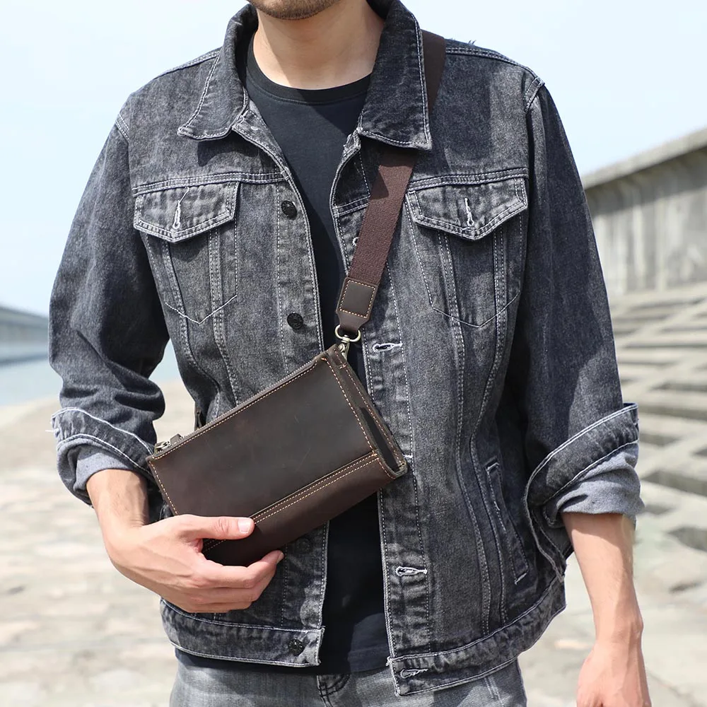 Echte Leder-Umhängetasche für Herren, Clutch-Tasche, Vintage Crazy Horse Crossbody-Taschen für Männer, Mini-Multifunktions-Geldbörse – Detail 5