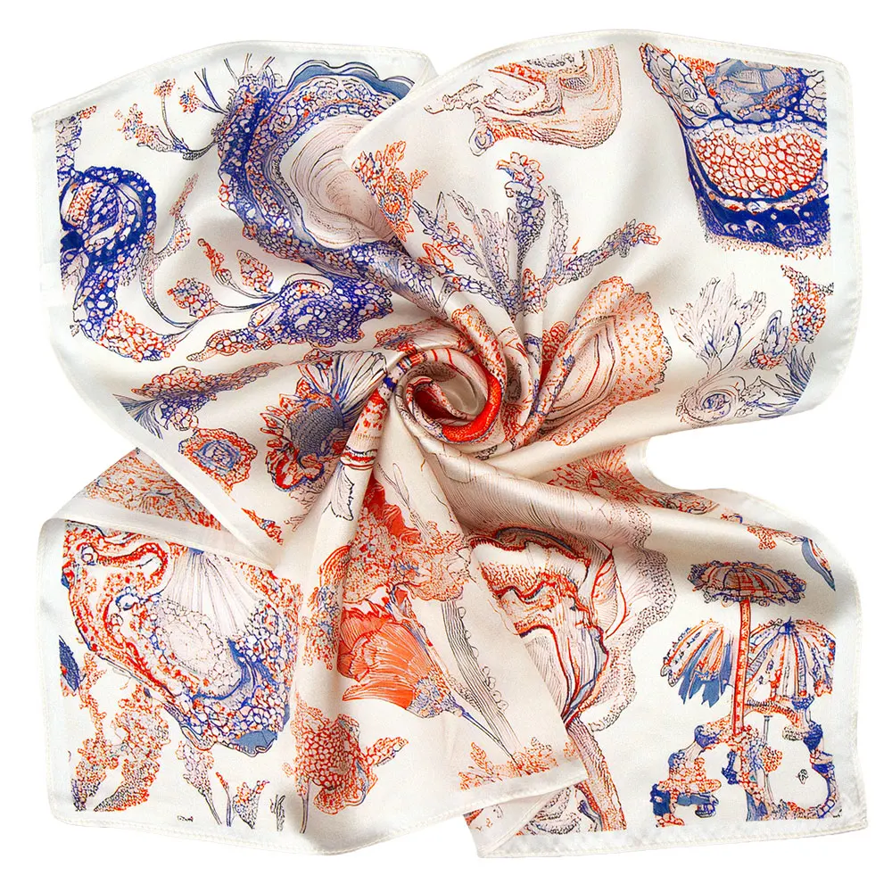 53cm Pure Silk Bandana for Women Oyster Shell Ocean Print Elegant Hair Scarf Artistic Luxury Neckerchief Fashion Wrap Lady Gift