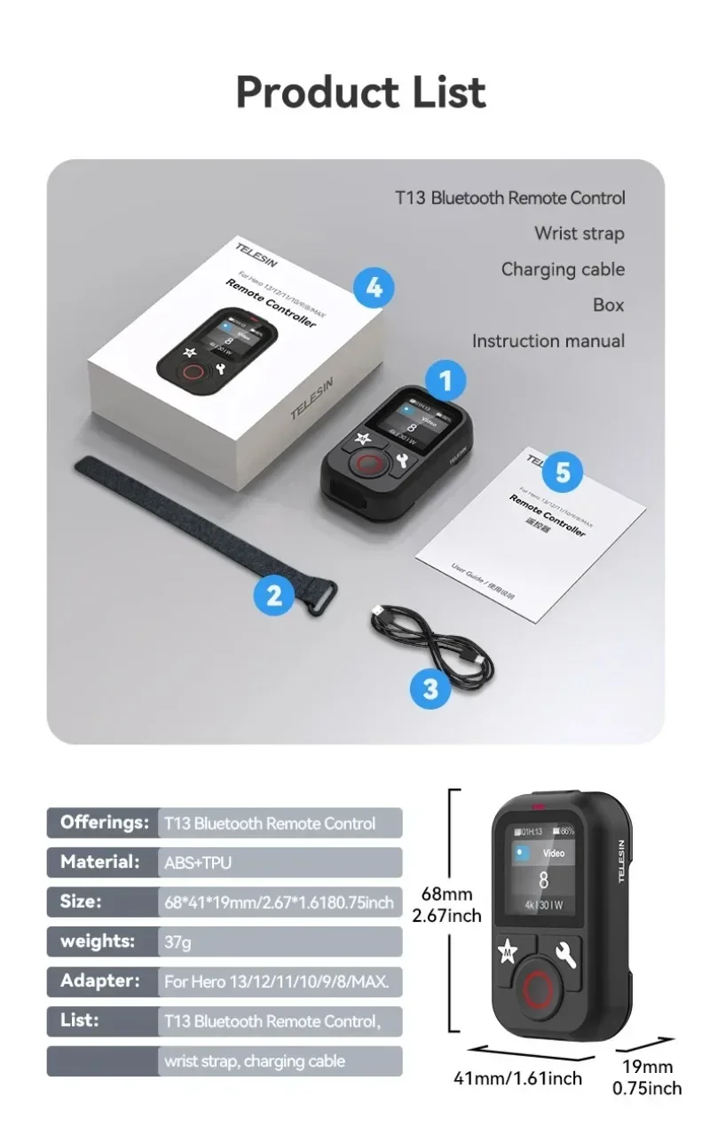 

Waterproof Bluetooth Remote Control For GoPro Hero 13 12 11 10 9 8 Max With Wrist Strap For Action Camera Accessories