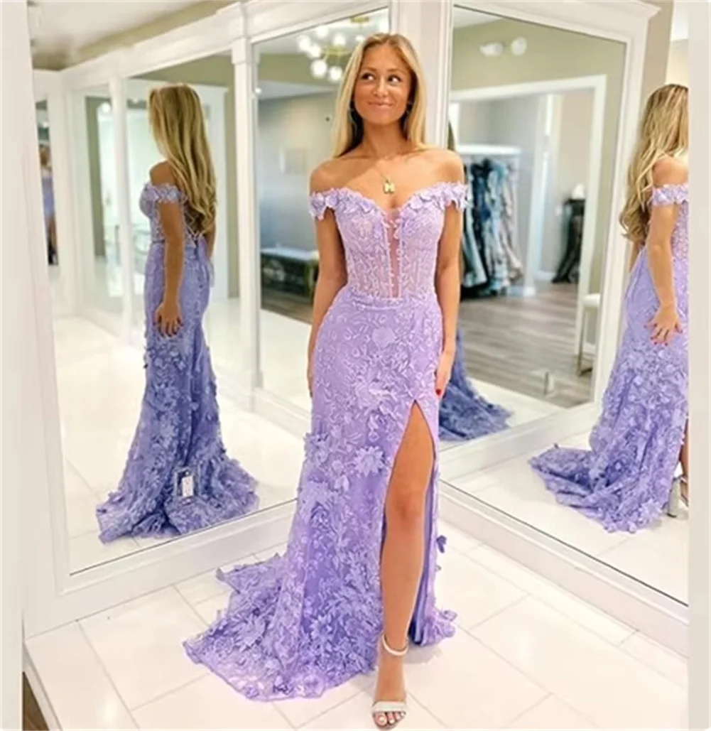

Лавандовое кружевное аппликация Русалка с V-образным вырезом Пром платья с открытыми плечами длиной до пола Вечернее платье с 3D цветочным разрезом по бокам Вечернее платье
