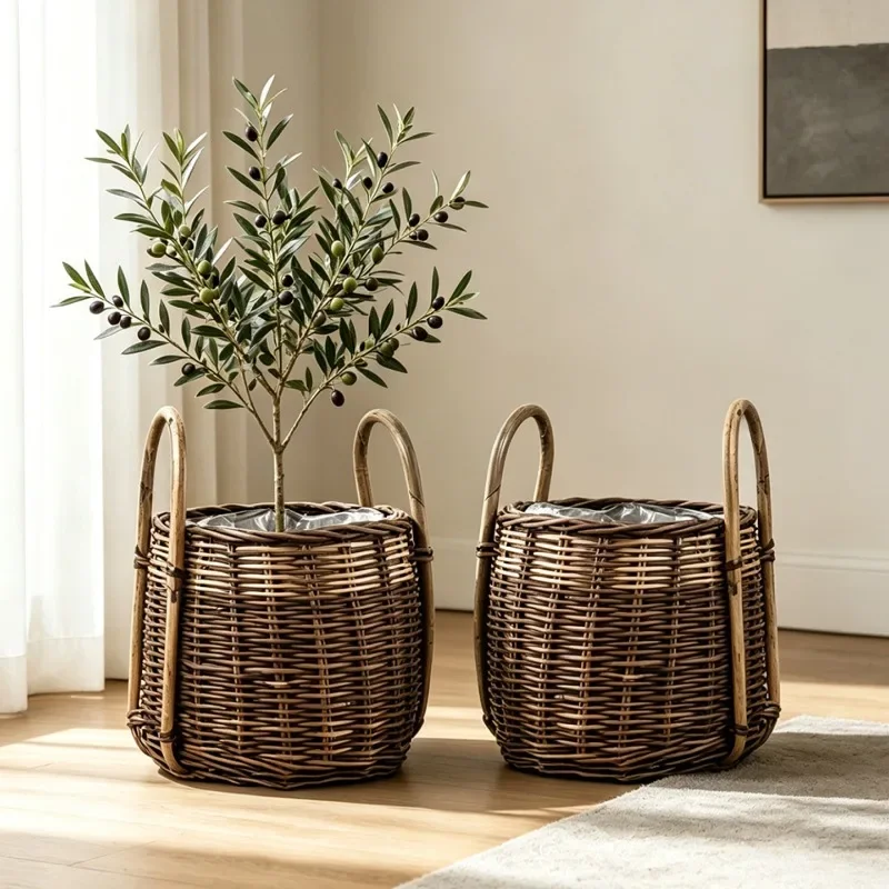 Rattan Flower Pots Handmade Woven Garden Plant Pots Living Room Floor Retro Flowerpot Indoor Elegant Decoration Planters Pot