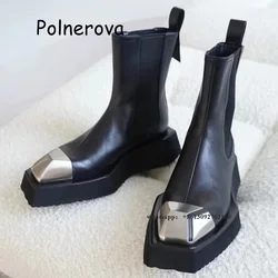 Metalowe buty z kwadratowym noskiem gruba podeszwa buty damskie Chelsea elastyczna opaska jednolity wiosenny na co dzień brytyjski styl Punk brytyjski styl