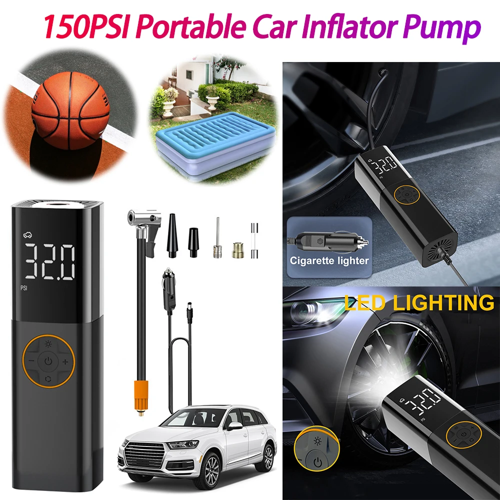 

150PSI Portable Car Inflator Pump with LED Light Bicycle Air Compressor Digital Display for Automobile Bicycle Ball