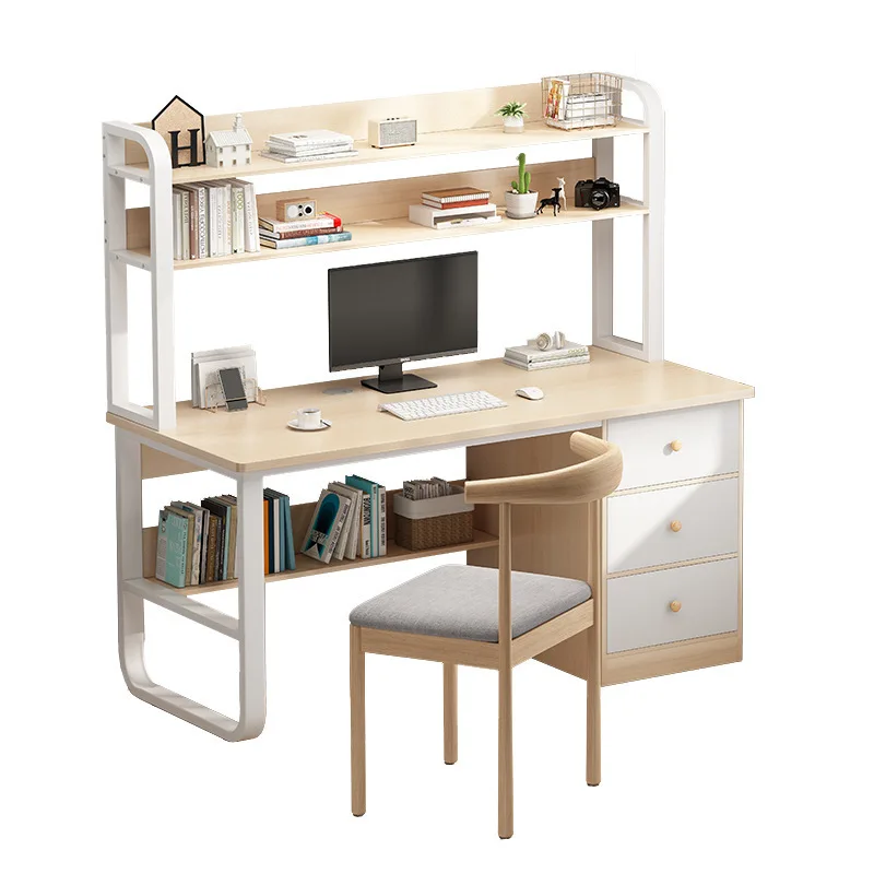 

Light luxury steel and wood desk writing desk home corner office computer study table bedroom bookcase bookshelf combination