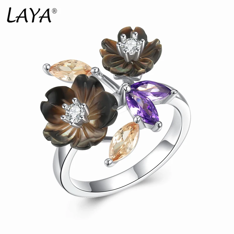 LAYA Ring For Women Black Flower Shining Colorful Zircon 100% 925 Sterling Silver Minimalist Finger Engagement Romantic Jewelry
