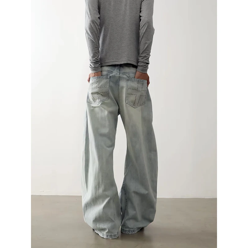ZHIZOU Women Blue Rivet Denim Jeans Baggy Y2K Harajuku High Street Fashion 2000S Style Retro Wide Leg Jeans Long Pants Clothing