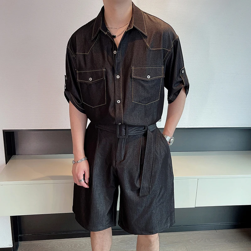 Summer Denim Short Sleeved Shirt Set Men's High-quality Loose Casual Two-piece Set Oversized Social Streetwear Harajuku Set 2024