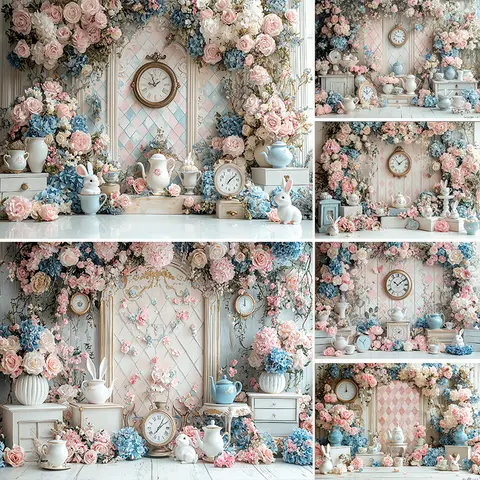 LS Alice in Wonderland Photography Backdrop Girls 1st Birthday Background Onederland Flower Tea Party Photo Banner Props