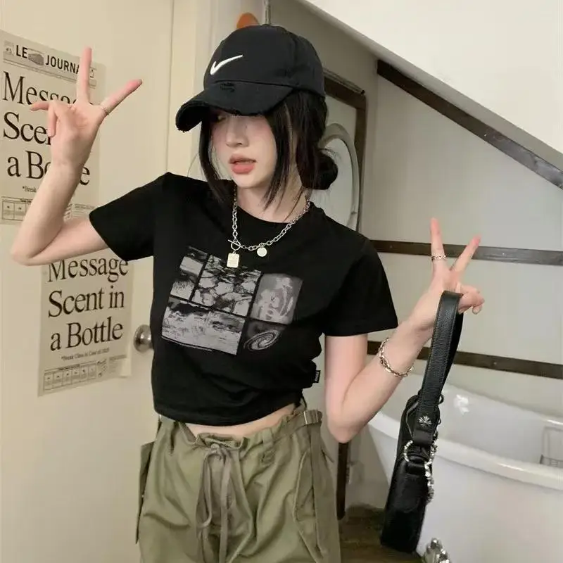 

2025 summer new front shoulder American retro Spice Girl black T-shirt women's bottom exposed navel women's BM style student top