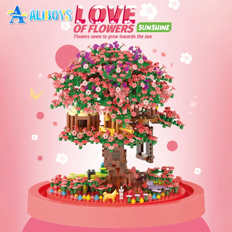 Sakura Tree Building Block Seasonal Flower Assembly Brick Model with Dust Cover Ornament Collection Christmas Romantic Gift Toy