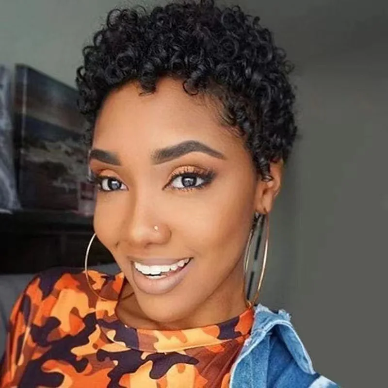 시크한 아프로 곱슬머리 인모 숏 풀 머신 메이드 가발 (여성용)