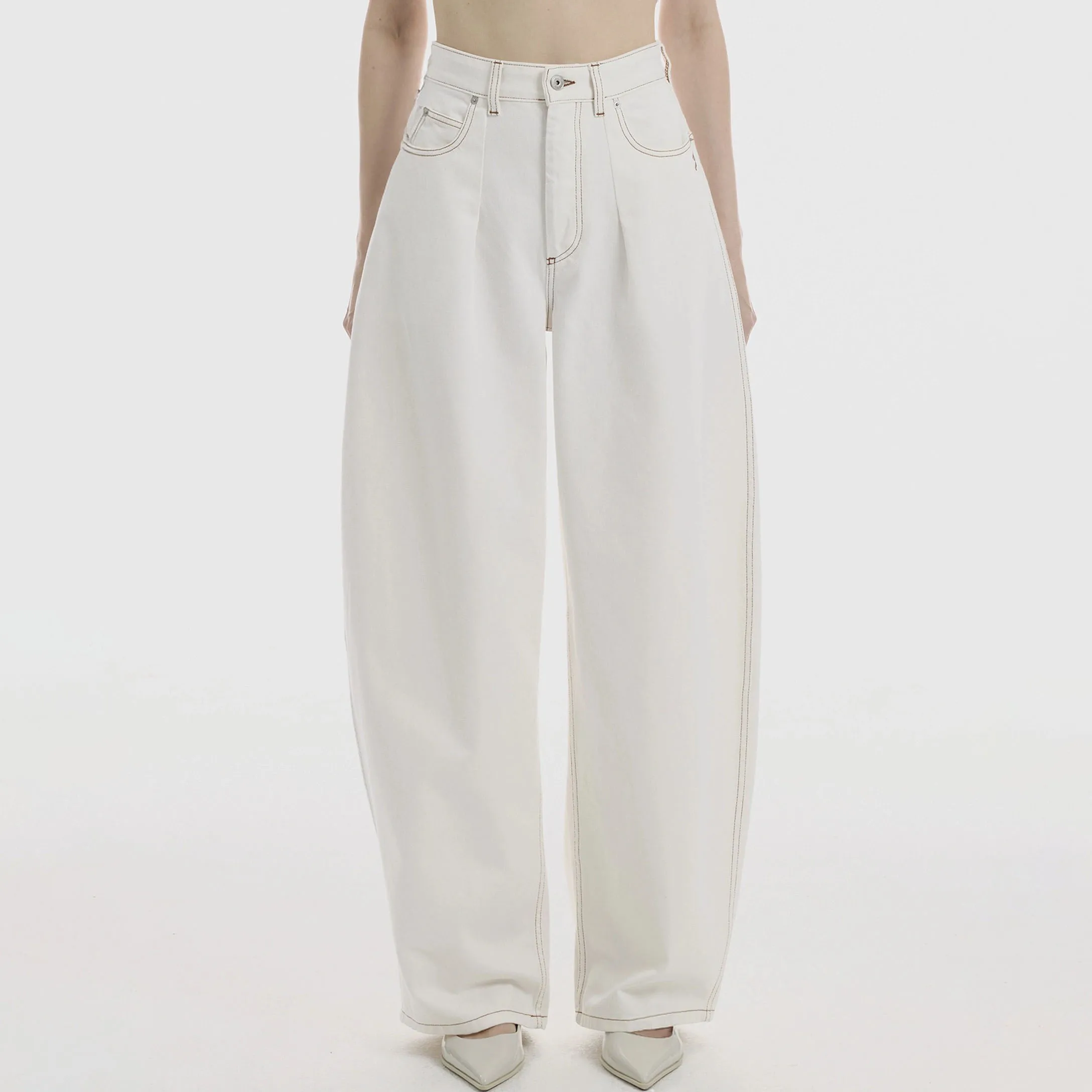 High-quality summer style pure cotton washed high-waisted wide-leg pants for women, fashionable and casual white denim trousers