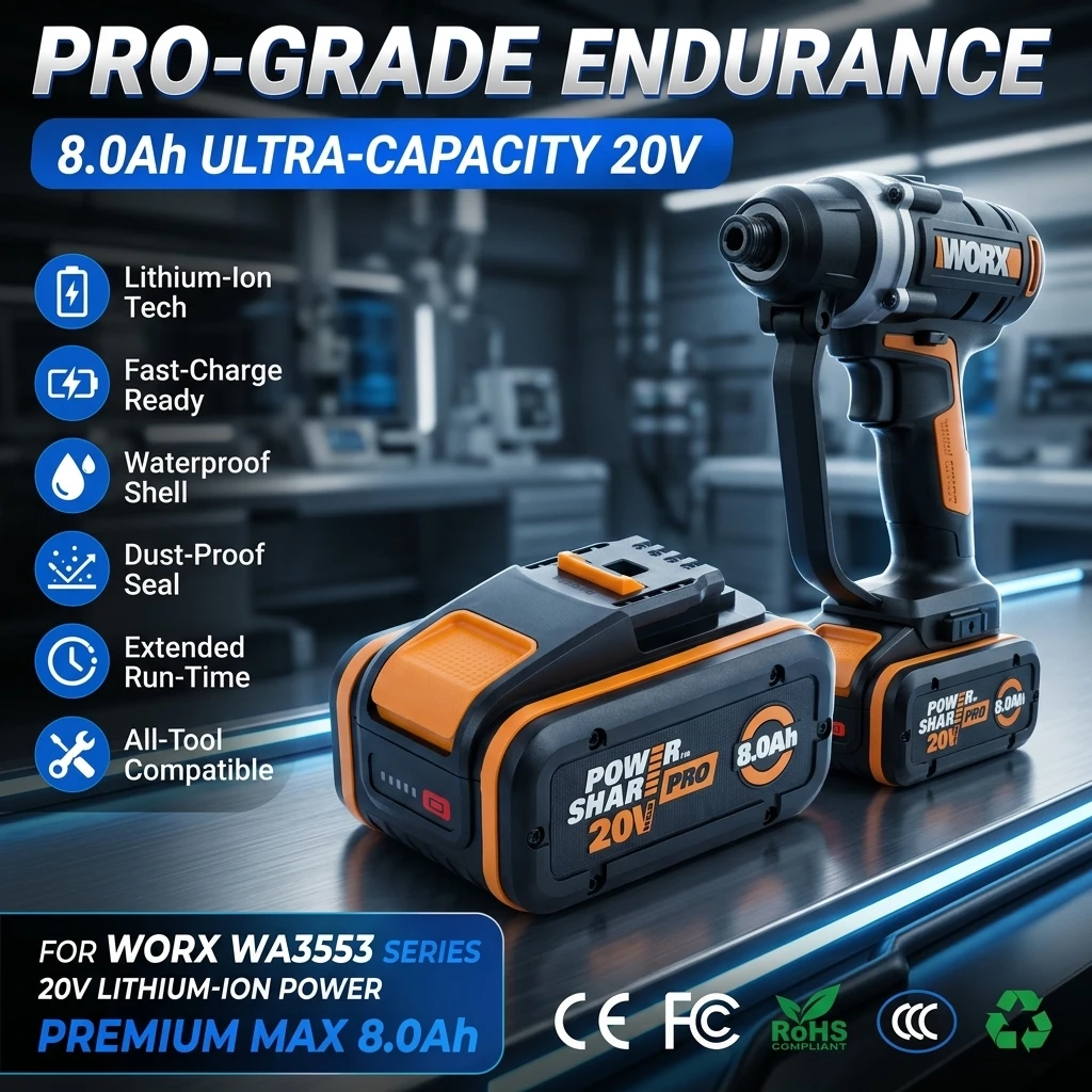 Für Worx Original 20V 8,0Ah Hochleistungs-Lithium-Akku, WA3553 WA3551 WA3553.1 WA3570, geeignet für Worx Elektroschrauber und Schlagbohrmaschinen.