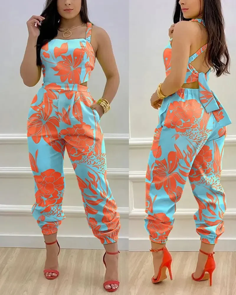 

Women Printed Letter Jumpsuits Sleeveless V Neck Suspenders Backless High Waist Trousers Overall Rompers Pockets Autumn