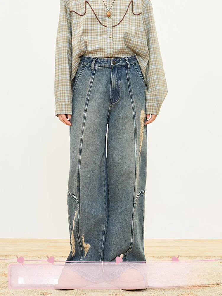 

Retro Distressed Wide Leg Jeans Patchwork Design Slimming Versatile Denim Pants Casual Style Natural Waist Cotton Blend Zippe...